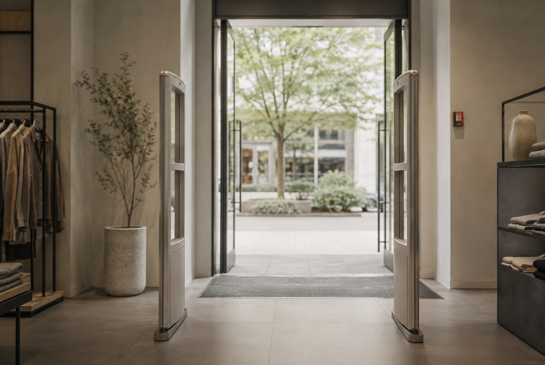 EAS antenna pedestals flanking a retail store exit