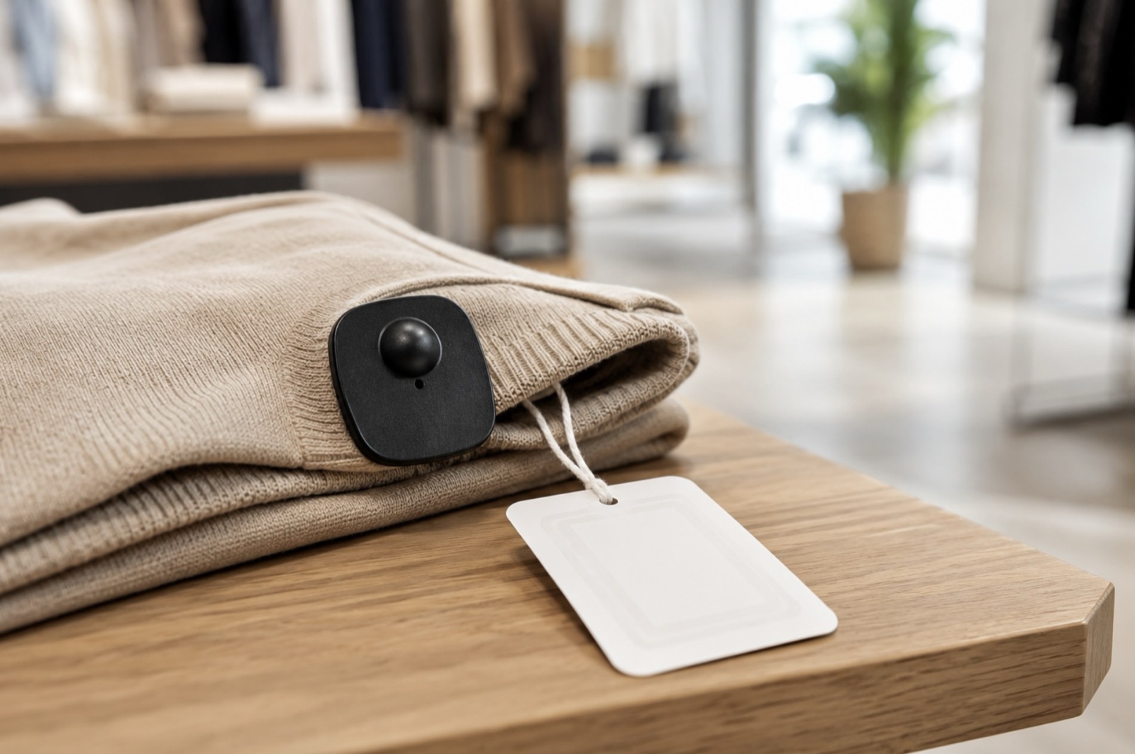 Hard security tag pinned to a folded sweater with a white inlay ticket attached