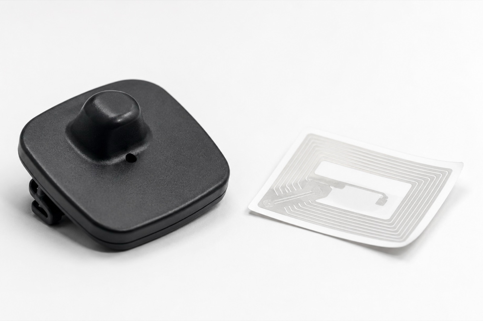 Black EAS hard security tag beside a white RFID label with visible antenna inlay